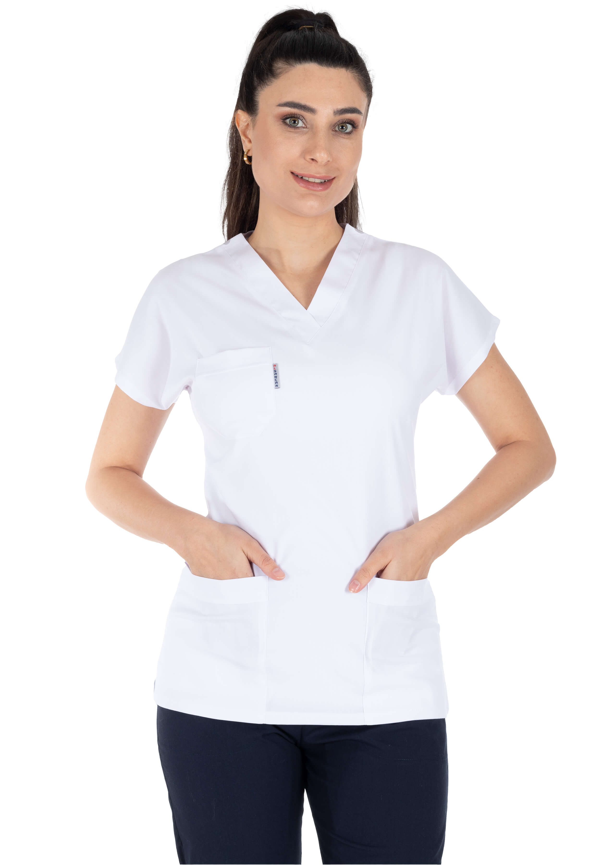 Beyaz/Lacivert Likralı İnce Scrubs Flex Doktor Hemşire Forması Takımı Beyaz/Lacivert Likralı İnce Scrubs Flex Doktor Hemşire Forması Takımı