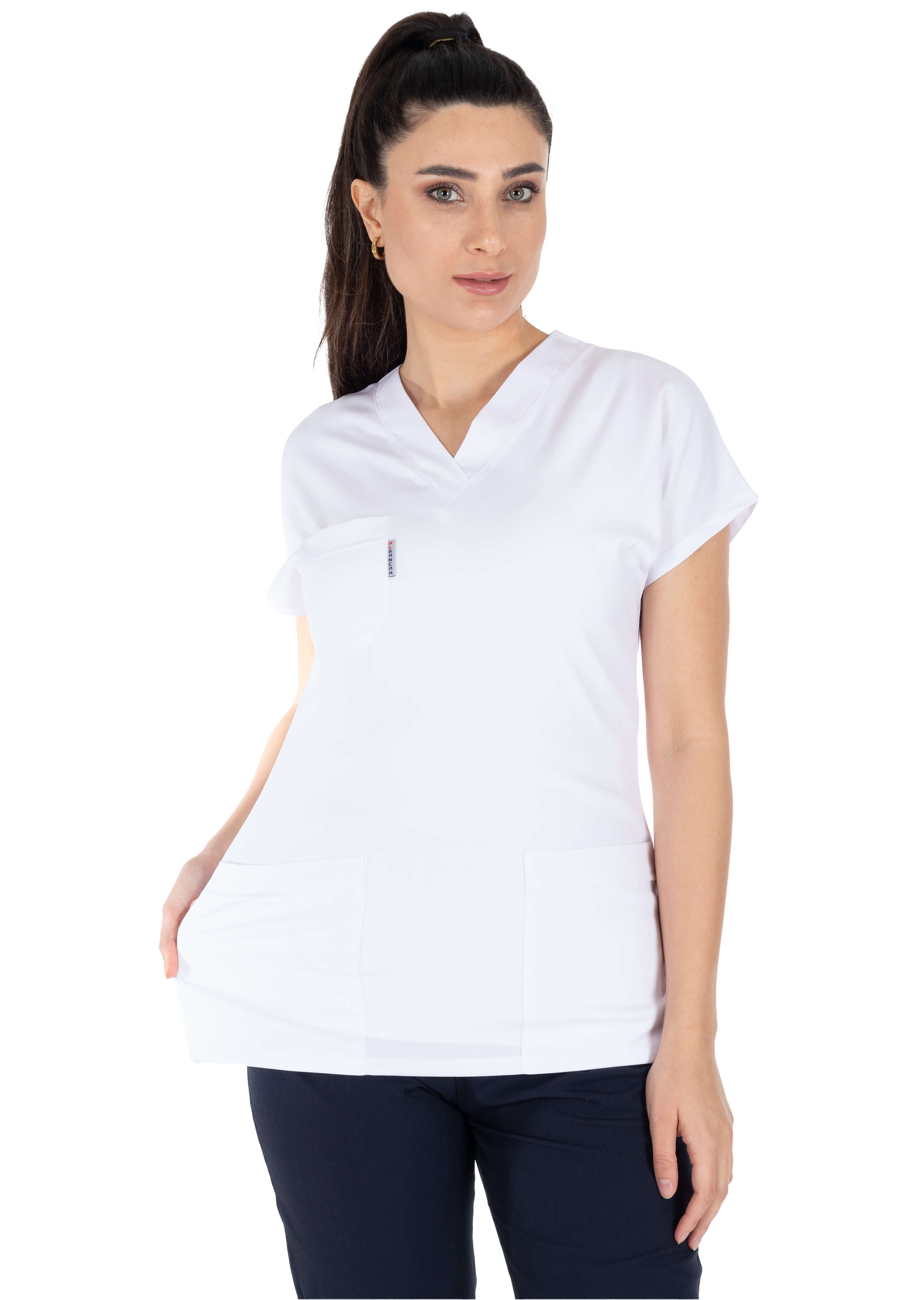 Beyaz/Lacivert Likralı İnce Scrubs Flex Doktor Hemşire Forması Takımı Beyaz/Lacivert Likralı İnce Scrubs Flex Doktor Hemşire Forması Takımı