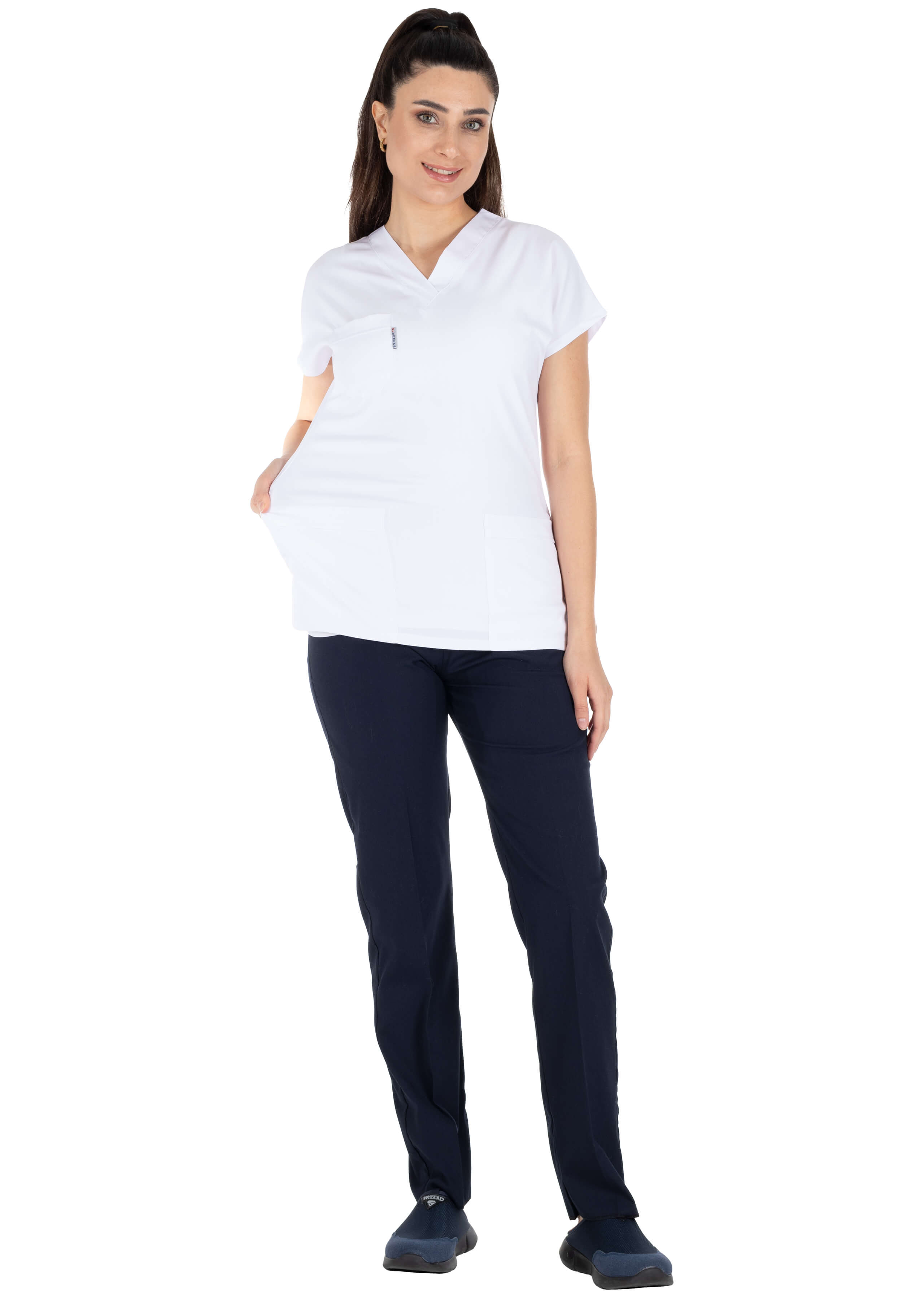 Beyaz/Lacivert Likralı İnce Scrubs Flex Doktor Hemşire Forması Takımı Beyaz/Lacivert Likralı İnce Scrubs Flex Doktor Hemşire Forması Takımı