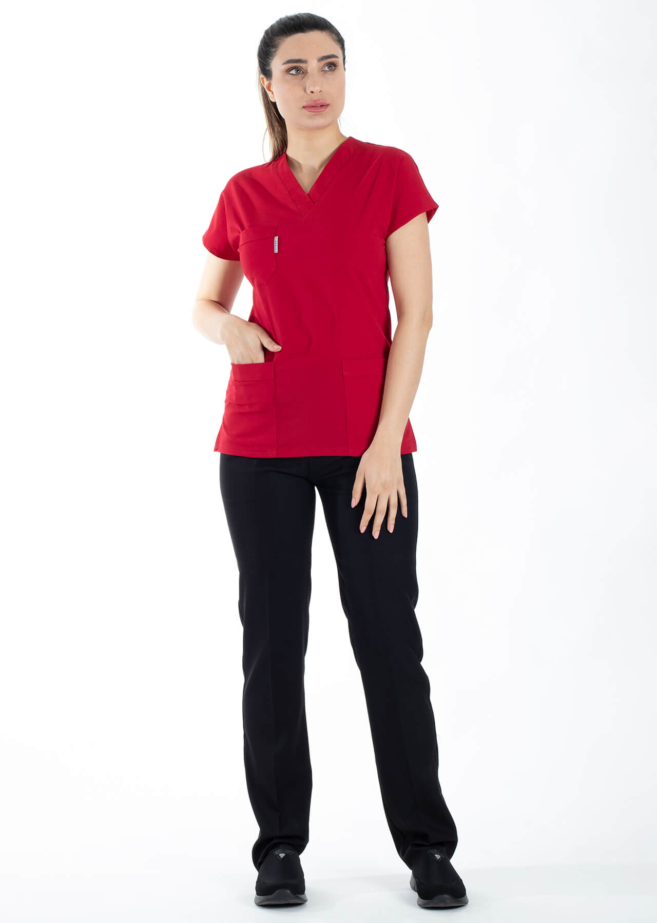 Kırmızı/Siyah Likralı İnce Scrubs Flex Doktor Hemşire Forması Takımı Kırmızı/Siyah Likralı İnce Scrubs Flex Doktor Hemşire Forması Takımı